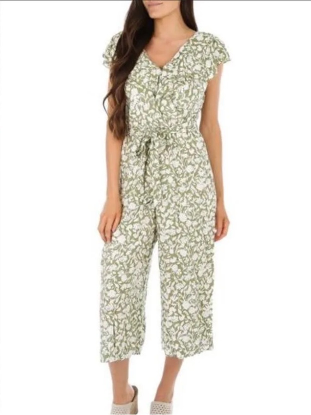 Luxology Green White Floral Ruffled Jumpsuit 2X